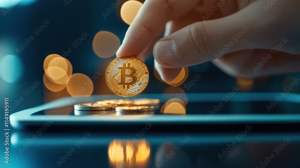Poster Hand Holding Bitcoin Coin Above Tablet Screen While Blurred Colorful Lights Create a Bokeh Effect in the Background, Symbolizing Digital Currency and Financial Investment