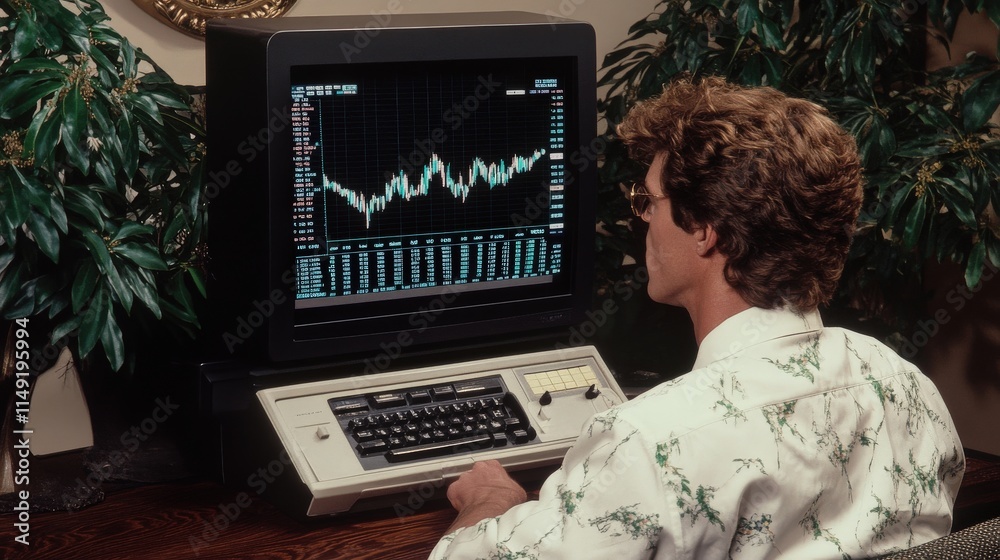 Aufkleber vintage computer usage with stock market graphs observed by a man in a floral shirt from the 1980s, 