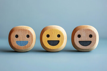 Three Happy Wooden Faces Representing Positive Emotions