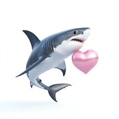 Naklejka premium A cartoon shark holding a pink heart, symbolizing love and affection in a playful way.