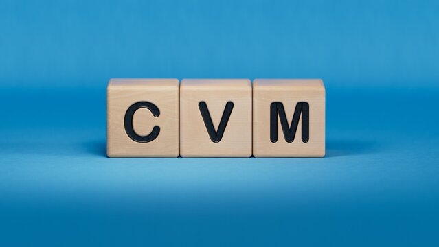 wooden cubes with text CVM. the medicine. medical concept.close up of wooden elements,Business Concept.3D rendering on blue background.