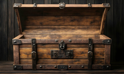 A vintage wooden treasure chest with metal accents, open to reveal its empty interior.