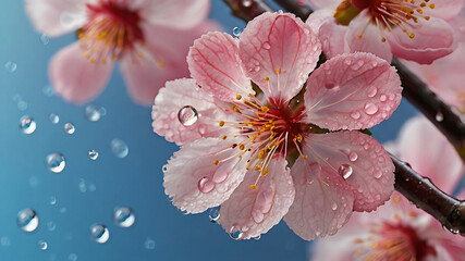 Beautiful cherry blossoms in full bloom with glistening dewdrops, set against a gentle, soft-focus background, evoking a tranquil and peaceful atmosphere