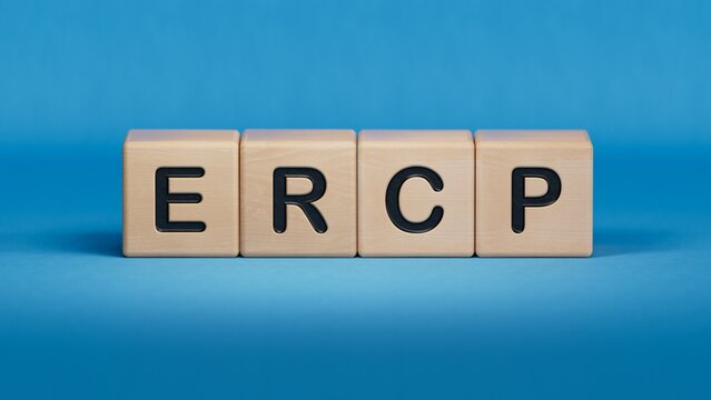 word ercp is made of wooden. medical concept of treatment, prevention and side effects.close up of wooden elements,Business Concept.3D rendering on blue background.