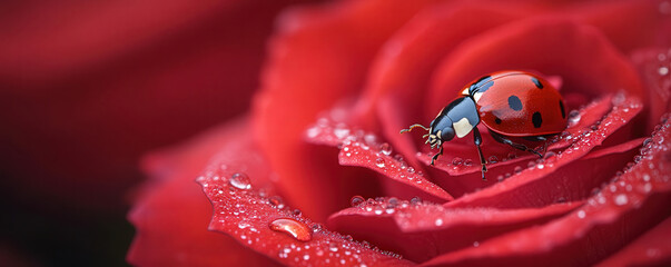 ladybug crawling on vibrant red rose with dew drops glistening
