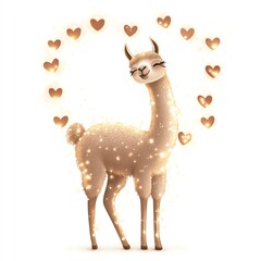 Naklejka premium A charming cartoon llama surrounded by sparkling hearts and a joyful atmosphere.