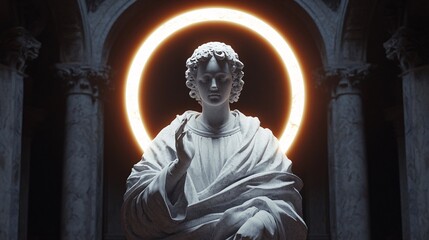 Fototapeta premium 3d rendering of marble Statue in front of neon circle background.
