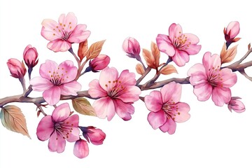Watercolor illustration of cherry blossom branch. Pink flowers in bloom on branches. Botanical art style. Springtime beauty. Seasonal floral design. Close-up view. Japanese style. Sakura. Nature