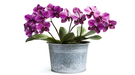 purple orchid plant in a small metal pot isolated on white background