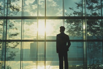 Fototapeta premium Businessman Contemplating at Large Window. Concept of Vision, Opportunity, and Success.