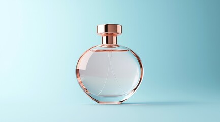 Round glass perfume bottle with rose gold cap on a light blue background.
