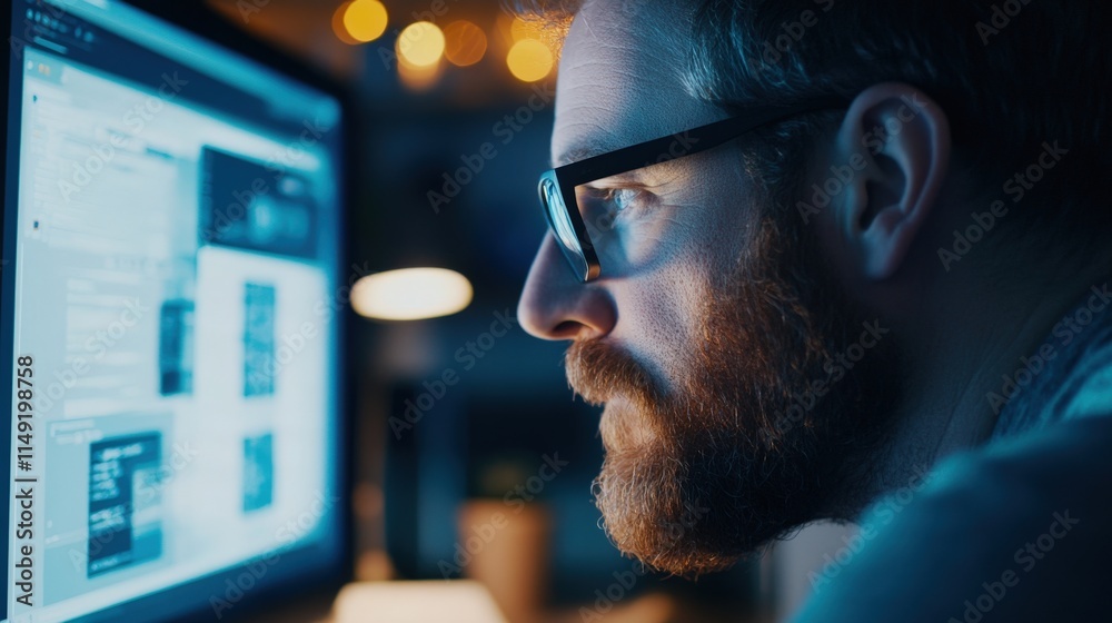 Poster Focused Professional in Glasses Working Late at Night on Computer Screen with Soft Glowing Lights in the Background, Delving into Project Details and Code Analysis
