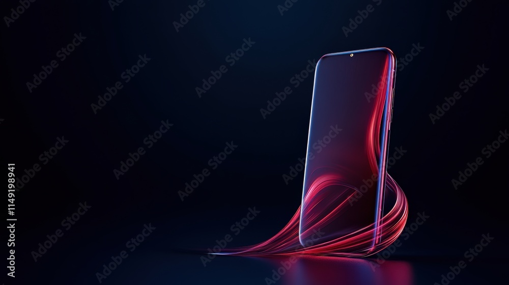Poster modern smartphone with dynamic light trails on a dark background, concept of technology and innovati