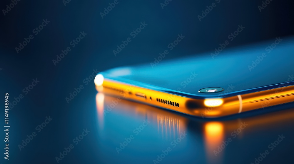 Poster close-up of a sleek smartphone with stunning blue reflection and highlighted edges on a dark surface
