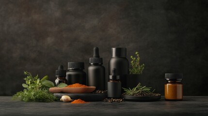Stylish Arrangement of Various Essential Oils and Herbs on a Dark Background with Natural Ingredients and Rustic Elements for Holistic and Aromatherapy Use