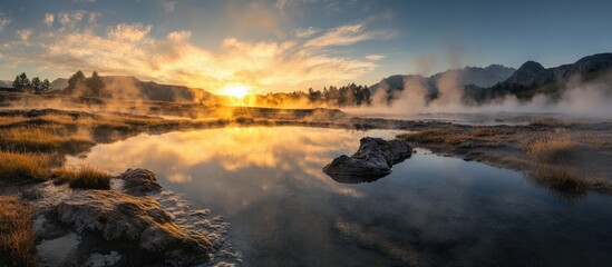 Sunrise over natural hot spring with steam rising 