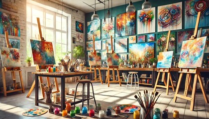 Fototapeta premium A lively art studio filled with colorful easels, paintbrushes, and vivid paintings adorning the walls, creating an inspiring and creative atmosphere for artistic expression