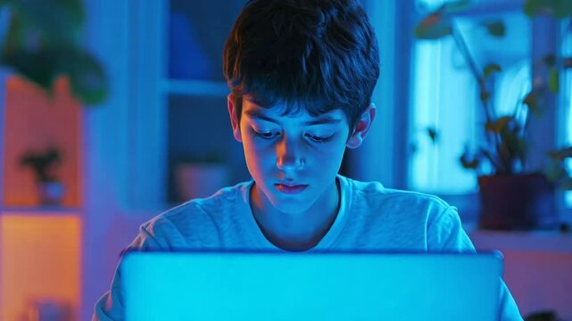 A young boy working on a laptop in a cozy, modern room illuminated by a calming blue light, creating a serene and studious atmosphere