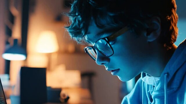 A teenage boy engrossed in coding on his laptop at night, illuminated by a soft blue glow in a modern and tech-inspired workspace