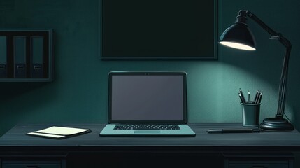 Night Office Desk: Laptop, Lamp, and Papers