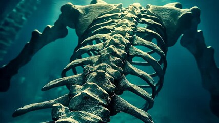 Skeleton of a large marine creature illuminated by underwater light in a tranquil setting