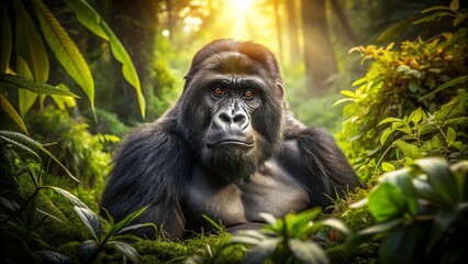 Naklejka premium Majestic Gorilla Drone Shot: Vertical Grassland Portrait, Wildlife Photography, African Gorilla, Primate, Nature