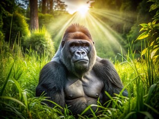 Obraz premium Majestic Gorilla in Lush Grassland: Panoramic Wildlife Photography