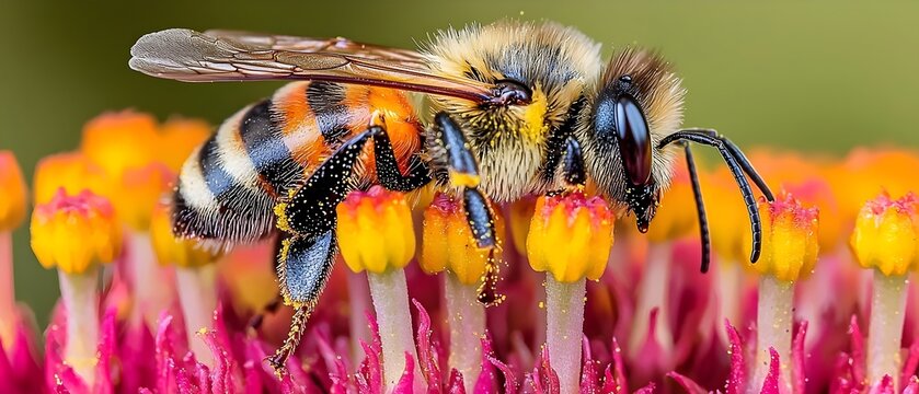 A close-up view of a vibrant bee collecting pollen from bright yellow and pink flower stamens, showcasing its intricate details and fuzzy body, set against a soft green backdrop.