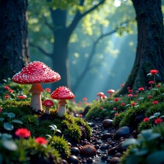 Fairytale dark forest with colorful mushrooms