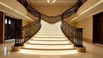 Obraz premium An elegant staircase in a hotel lobby with artistic railings and soft lighting