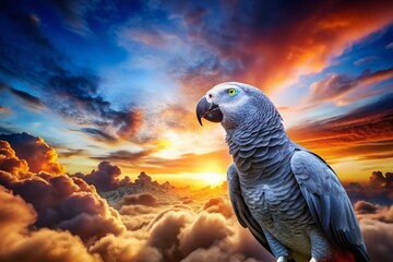Fototapeta premium Majestic Grey Parrot Soaring: Mystical Avian Odyssey Stock Photo