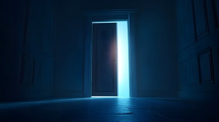 3D realistic illustration of an empty door open, with light shining through the gap. Generative AI