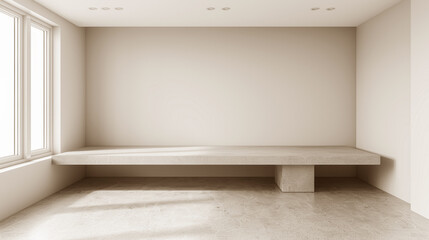 Fototapeta premium Modern Minimalist Interior with Concrete Bench, Empty Room, Natural Light, Concrete Floor