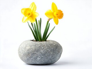 yellow daffodil plant in a small stone pot isolated on white background © SKY