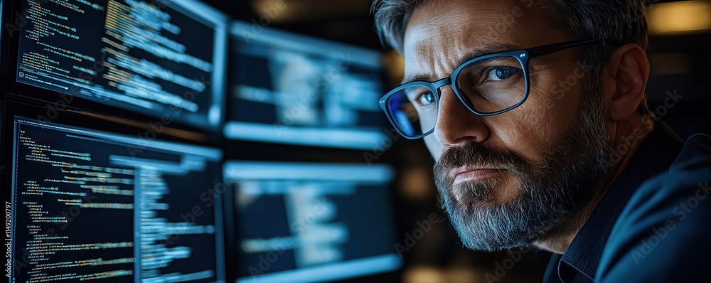 Poster Cybersecurity expert deeply focused on multiple computer screens displaying complex code. Expert intently monitors network activity. Real-time threat detection, network security testing underway.