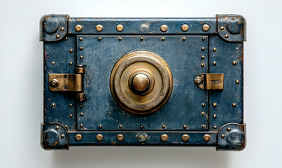 Fototapeta premium A vintage blue safe with brass accents and rivets, suggesting security and storage.