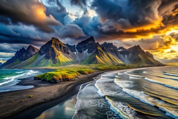 Majestic Icelandic Stokksnes Beach Landscape: Dramatic Coastline, Volcanic Mountains, Black Sand