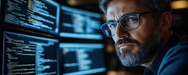 Cybersecurity expert deeply focused on multiple computer screens displaying complex code. Expert intently monitors network activity. Real-time threat detection, network security testing underway.