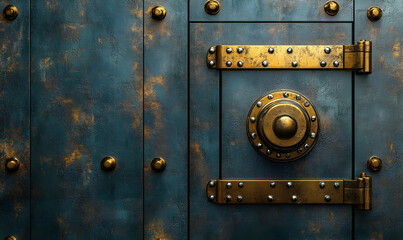 Fototapeta premium A detailed close-up of a metallic door with brass accents and rivets.