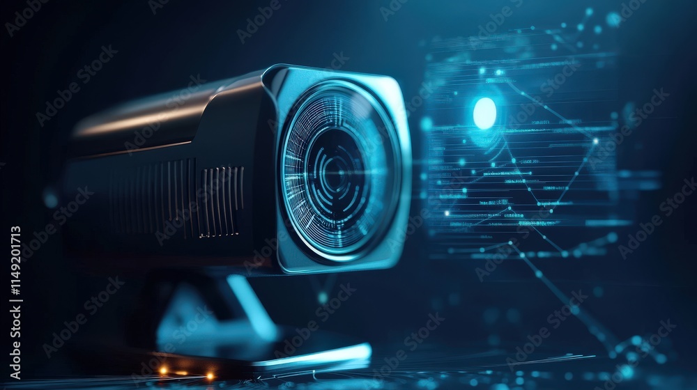 Aufkleber High-tech camera with futuristic interface displaying digital data visualization in dark environment, representing modern technology and innovation
