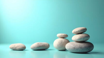 Fototapeta premium Find your inner peace with this tranquil scene of balanced stones against a serene teal backdrop. Embrace serenity.