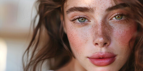 Close-up of young woman with freckles and natural beauty, Portrait of serene female with glowing skin and soft features
