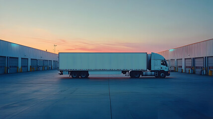 Obraz premium A side view of a parked truck in an industrial area during sunset.
