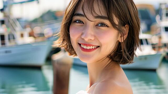 Japanese girl with graygreen hair, , smiling student in white dress by the seaside, Shimada Eimi, halflength shot
