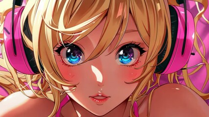 A sweet blond anime character who is also a Vtuber, with adorable looks and cool gaming headphones.