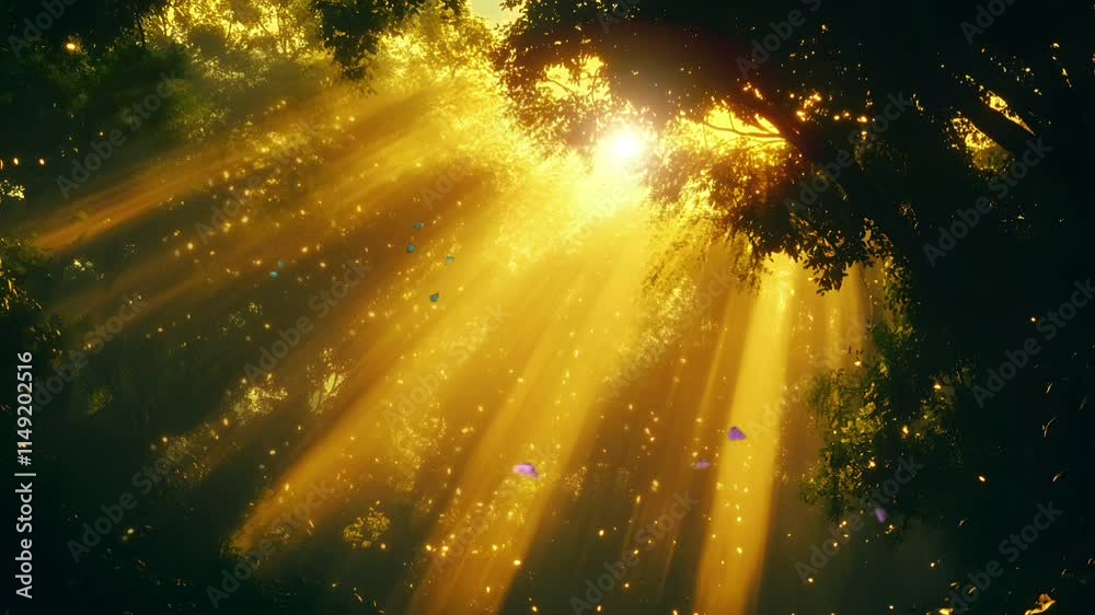 Poster golden sun rays filtering through forest canopy. enchanting nature scene illuminating dust particles