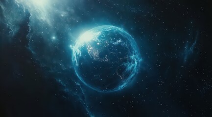 Naklejka premium A wide-angle view of Earth from orbit, with blue rays, stars, a sunlit horizon. The planet's surface glow against a dark, gradient backdrop. Ideal for space exploration, celestial photography. 