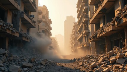 Fototapeta premium Devastating earthquake aftermath urban area photography ruins low angle destruction and resilience