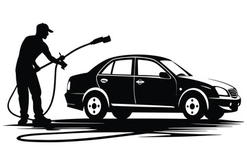 A black and white drawing of a man cleaning a car