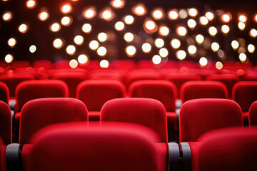 Fototapeta premium Red theater seats with glowing lights create cinematic atmosphere